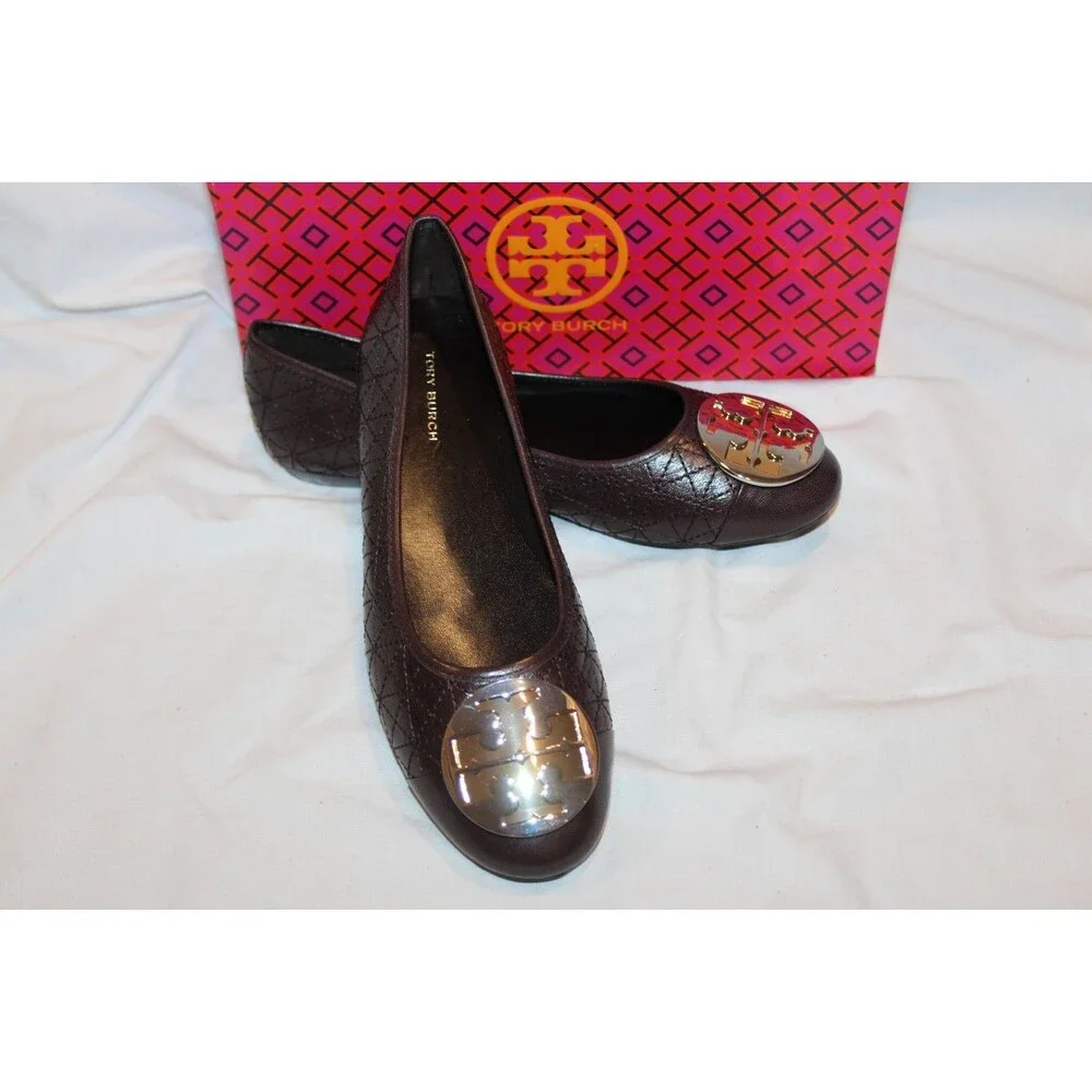 TORY BURCH WOMEN'S CLAIRE QUILTED NAPPA LEATHER BALLET FLATS BROWN 6.5